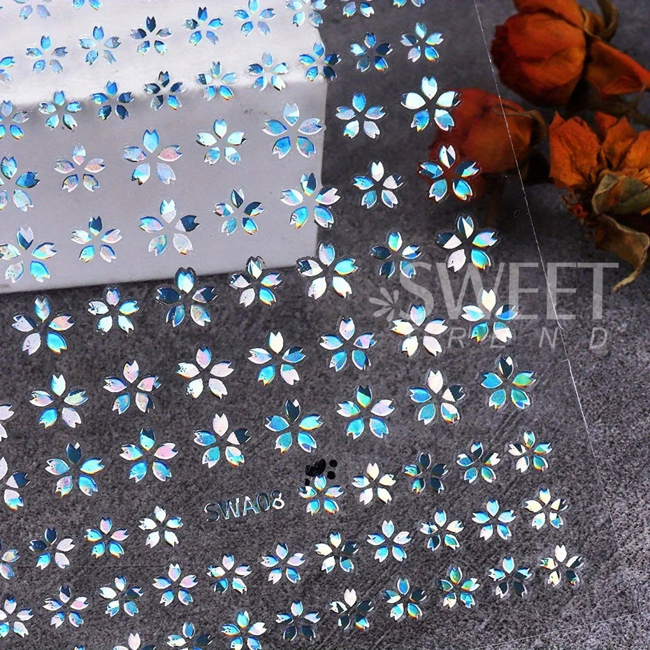 2/3 Stück holografische Sakura-Blumen-Nagelaufkleber, Kirschblütenblatt-Design, Silber, Gold, Blumenmuster, Sommer-Klebeaufkleber, Maniküre-Spitze