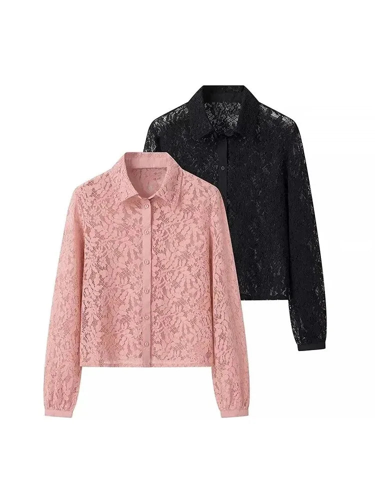 HH Damen Sexy Spitzenbluse mit Blumenmuster, Einreihig, Langarm, Reverskragen, Sommer-Neuheit, Urlaubs-Strand-Freizeitoberteil