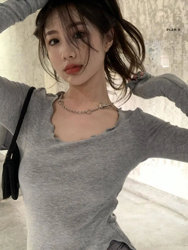 Langarm T-shirts Frauen Pilz Linie Unregelmäßigen Saum Gestrickte Schlanke Herbst Bodenbildung Tees Chic Mode Sexy Solide Ulzzang Neue