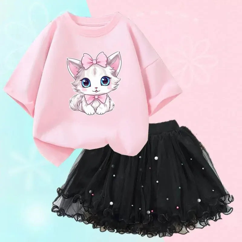 Nette Sommer Mädchen Outfits Cartoon Katze T-shirt und Tutu Rock 2 teil/satz Mädchen Prinzessin Kleidung Anzug Kinder Geburtstag Kleidung