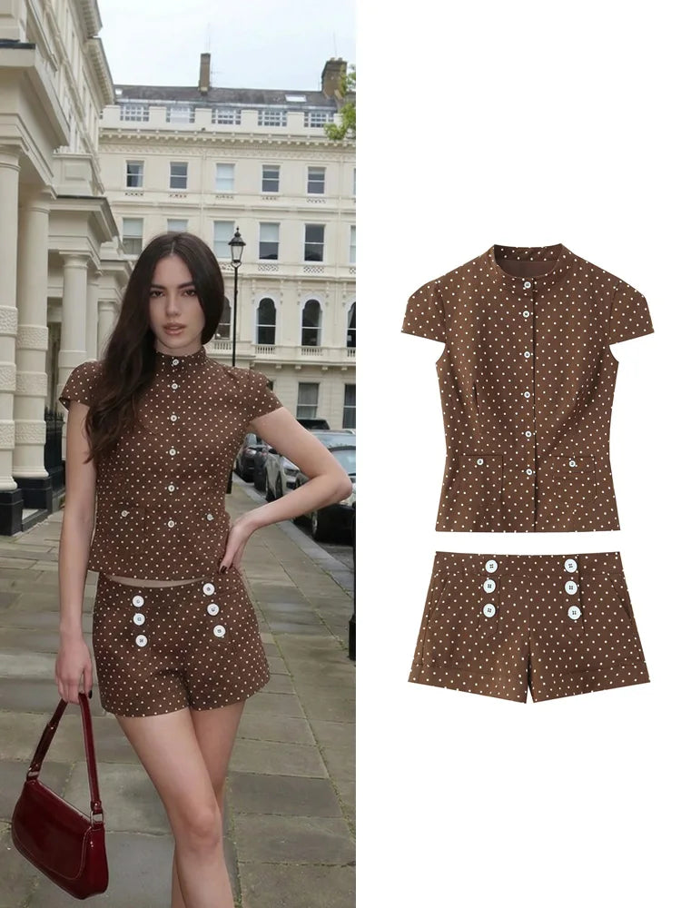 HH Sommer Damen Casual Polka Dot 2-teiliges Set Kurzarm Einreihiges T-Shirt Top Hochgeschnittene Slim Shorts Trend Streetwear