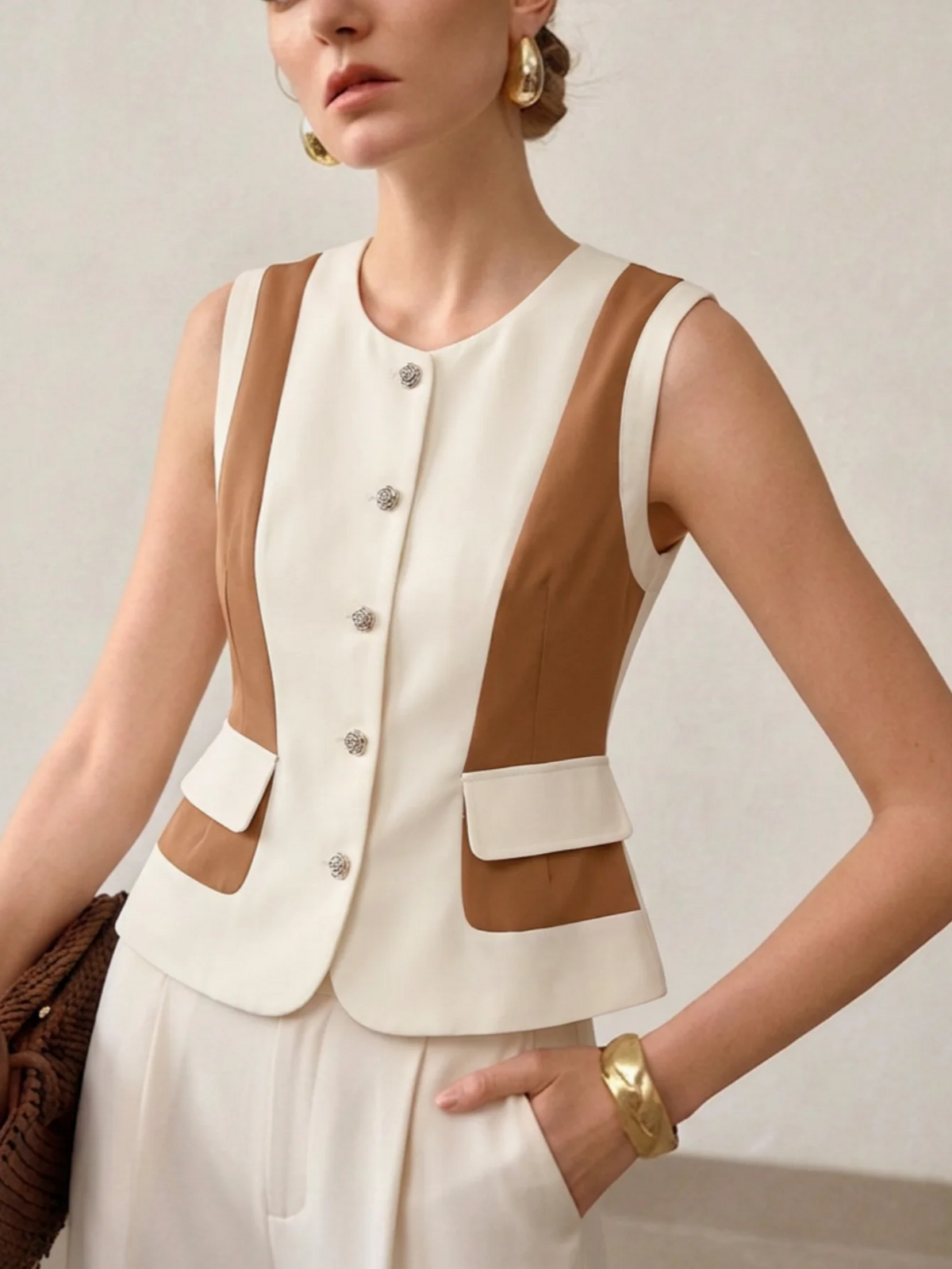 Elegante Damenweste im Color-Block-Design, schicke ärmellose Jacke im französischen Stil, marineblau & weiß, Knopfleiste mit Juwelenknöpfen, Vintage-Look