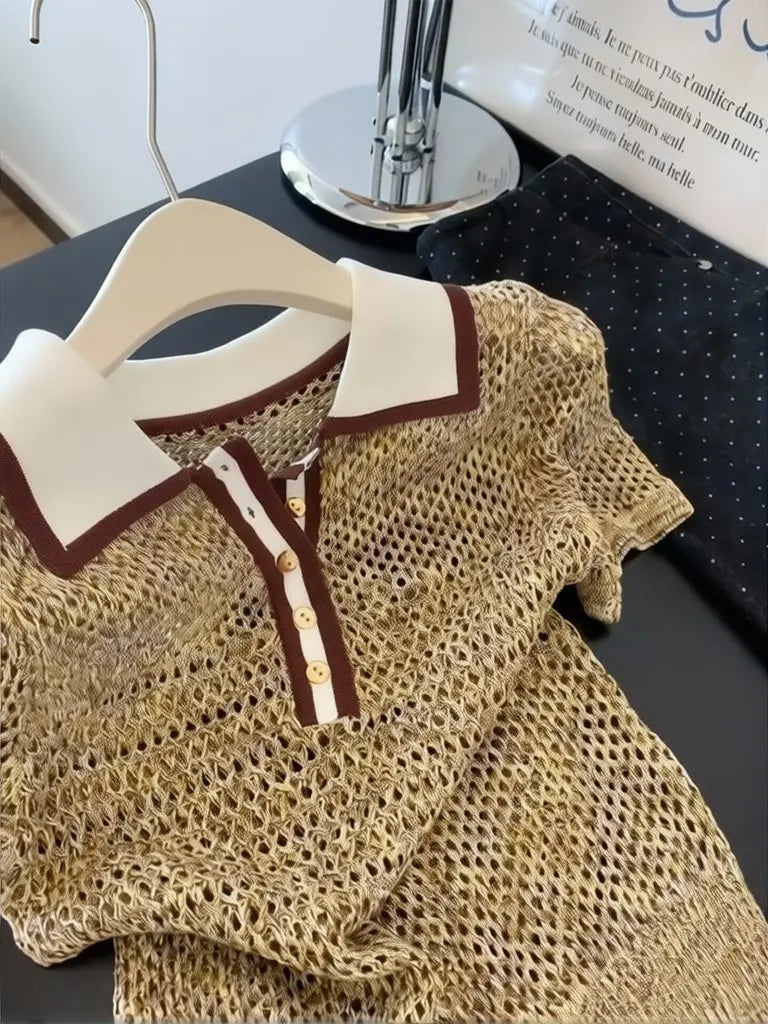 Vintage 2000er Jahre Glänzendes Strick-Kurzarmshirt Damen Polokragen Sommer-Tops Braun Ausgehöhltes Strickoberteil Damenbekleidung Lässiges T-Shirt