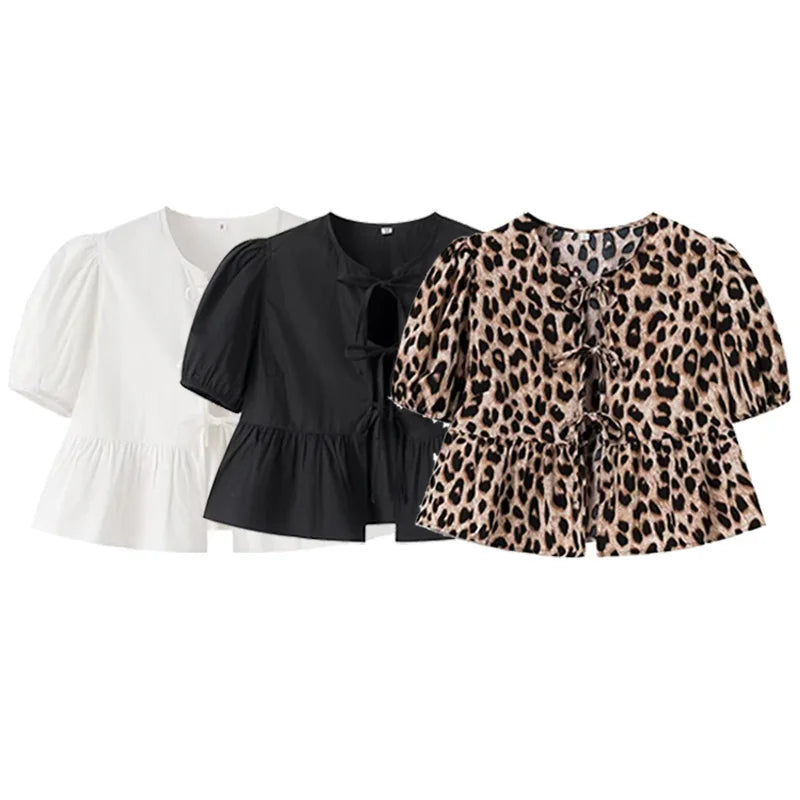 HXAO Crop Bow Bluse Damen-Hemd, Herbst 2022, lockeres schwarz-weißes Leoparden-Hemd, modische Ausschnitte, Schnür-Puff-Kurzarmhemden