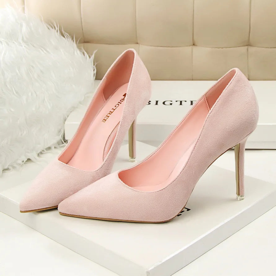 Frauen 9cm High Heels gelb Burgund Pumps plus Größe Stripper Wildleder Escarpins Dame Hochzeit Braut Scarpins grün blau Ballschuhe
