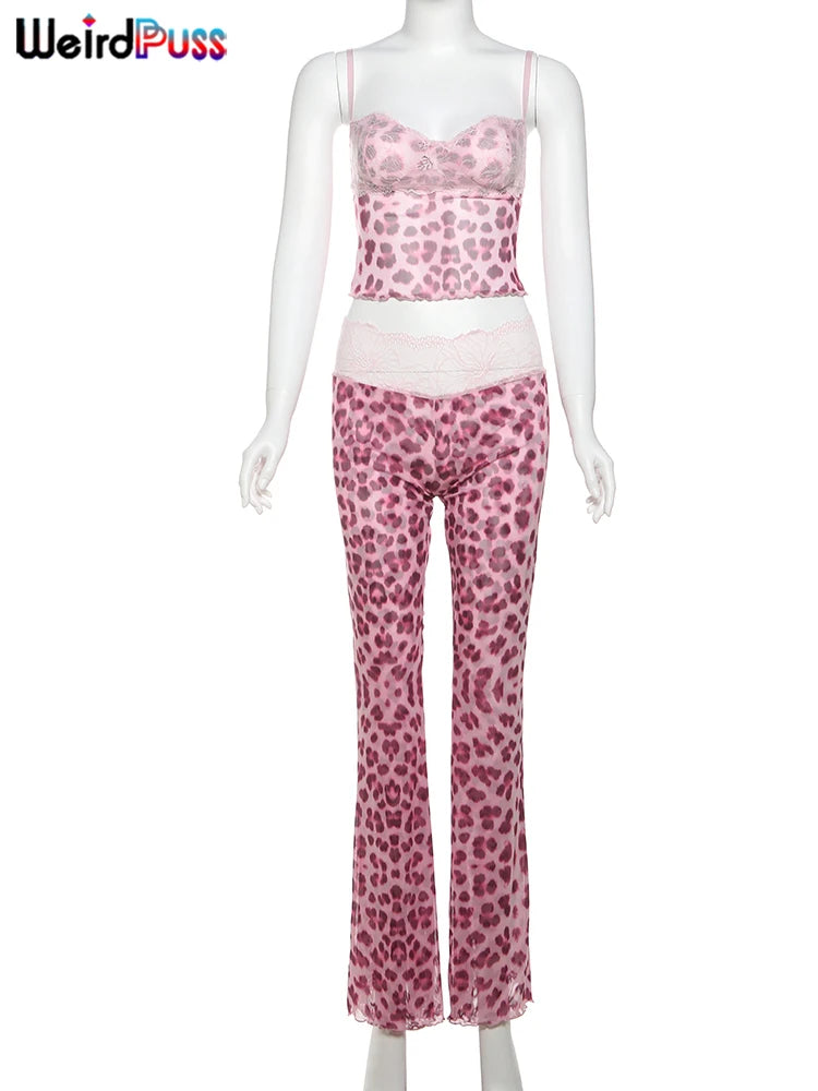 Seltsame Puss Mesh Patchwork 2-teiliges Set Frauen Sexy Dekolleté Ärmel Crop Tops + Leopardenmuster Dünne Hosen Straße wilde Trend Anzug