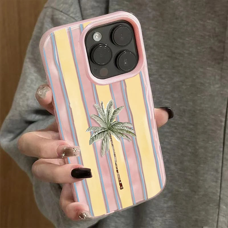 Niedliche gestreifte Palmen-Handyhülle für iPhone 11 12 13 14 Pro 15 16 Plus 17 Pro Max 17 Air 16E – Sommer-Strand-Soft-Schutzhülle stoßfest