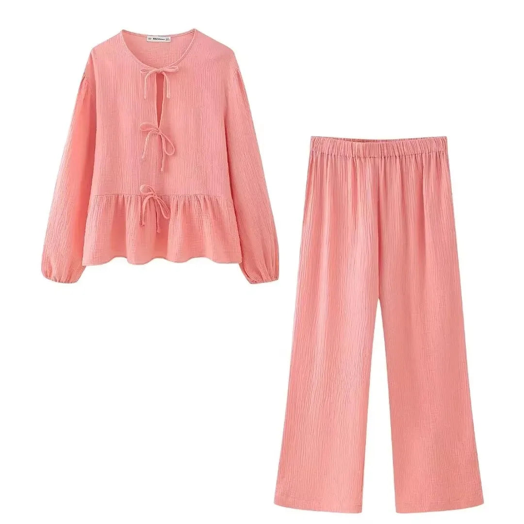 HH Damen Elegantes Einfarbiges 2-Teiliges Outfit O-Ausschnitt Schnürung Langarm-Bluse & Weite Hosen Set Lässiger Frühlingsanzug