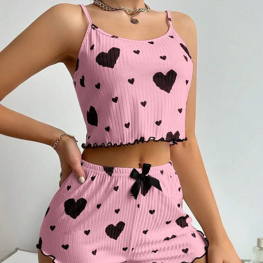 2-teiliges Set für Damen, Pyjama-Shorts, Anzug, Homewear, bedruckte Unterwäsche, Pyjama, sexy Dessous, Unterhemden, Tanks, Nachthemd, Damen-Nachtwäsche