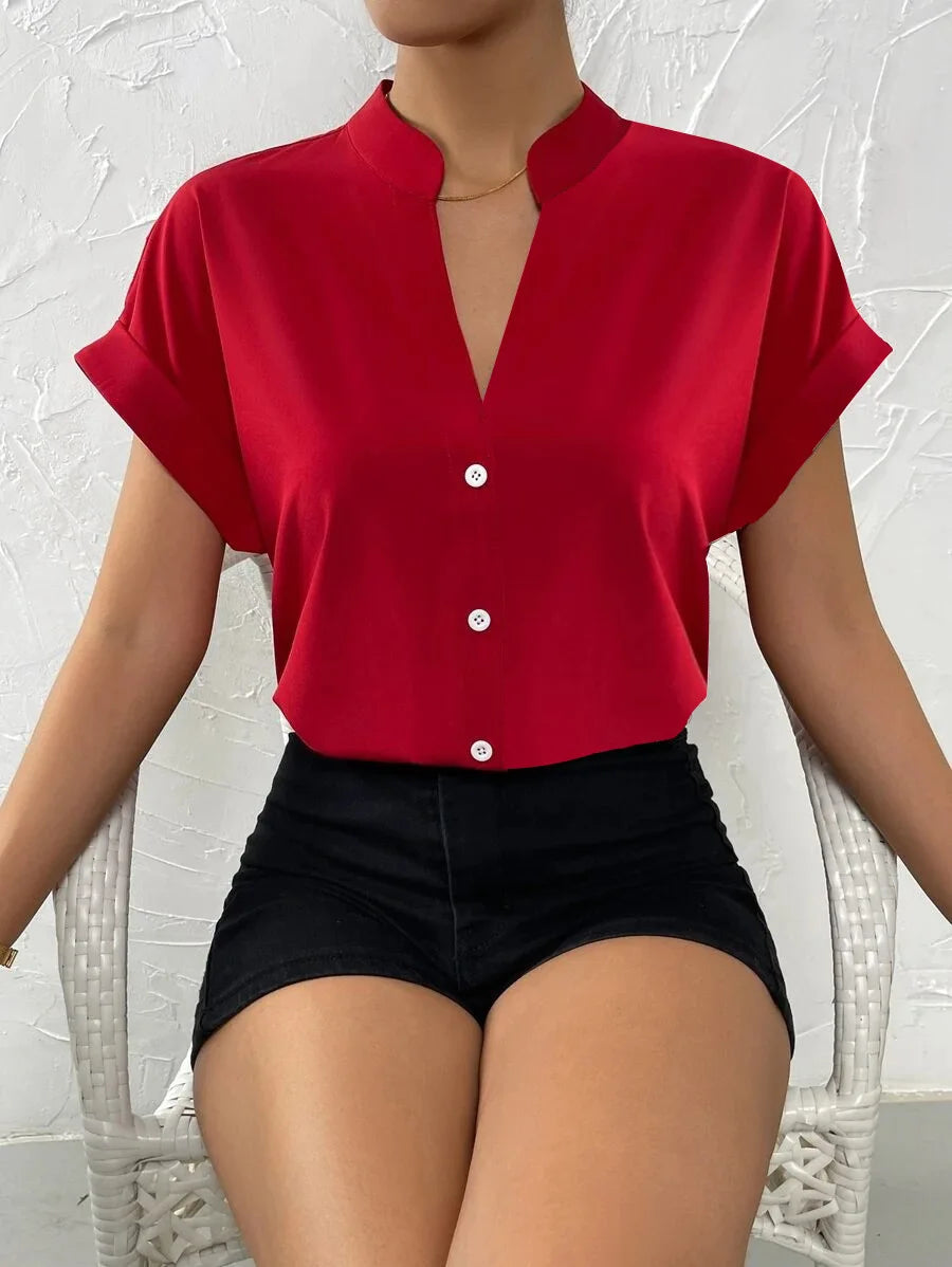 Sommer Neue V-ausschnitt Pullover Kurzarm Weibliche Einfarbig Casual Shirt frauen Kleidung 2024 Taste Büro Dame Bluse Tops