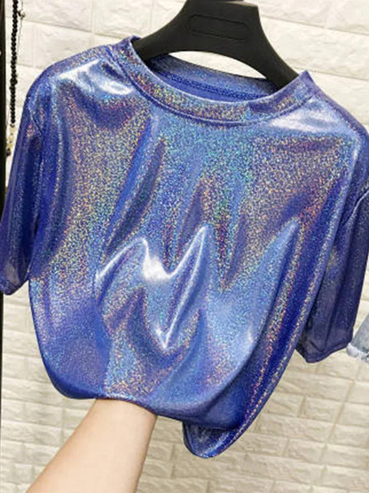 Neue sommer retro stilvolle helle seide frau tops glänzend lose kurzarm t-shirt sexy club ästhetischen harajuku frauen t-shirt