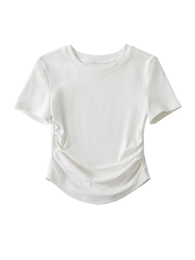 Harajuku Damen-T-Shirt aus Baumwolle mit Rundhalsausschnitt und gerüschten Seitendetails