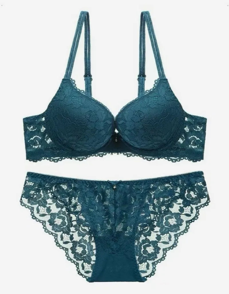 Sexy Spitzen-Blumen-Damenunterwäsche-Set mit Doppelträgern, Push-Up BH und Transparenten Sexy Slips