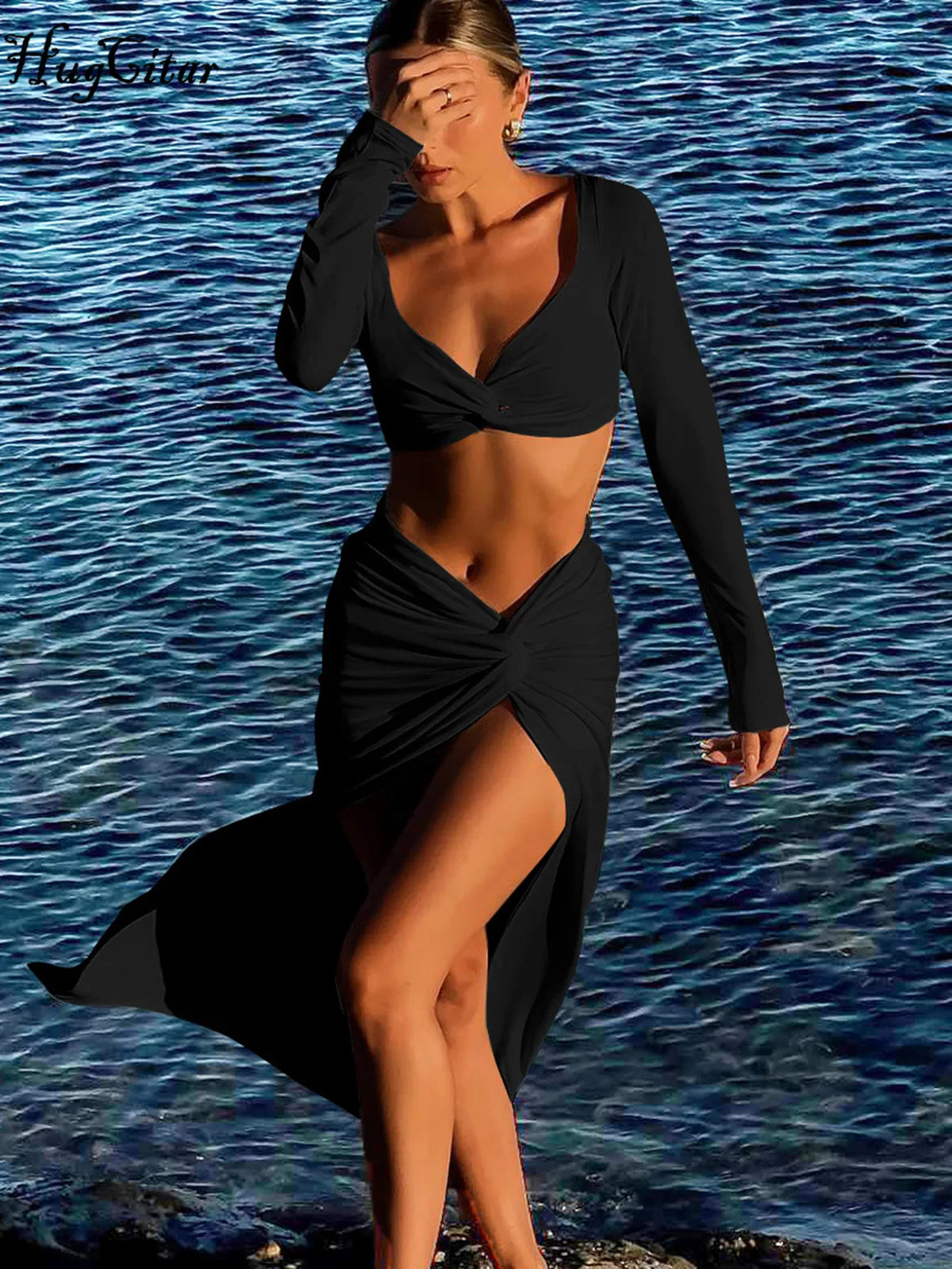 Hugcitar 2025 Elegante 2-teilige Sets Weiß Langarm Geraffte Sexy Crop Top Schlitz Midi Rock Frühling Frauen Kleidung Party Urlaub