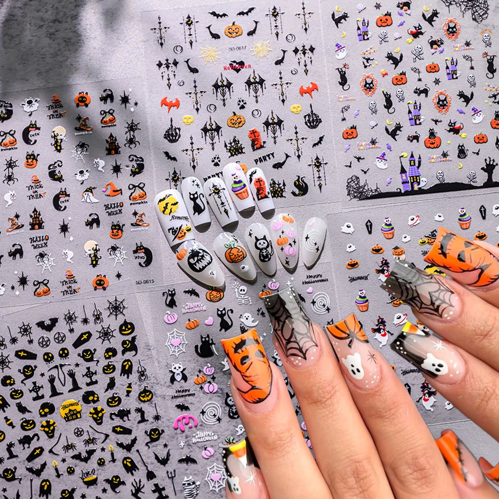 5D Halloween Geist Fledermaus Kürbis Nagel Aufkleber Glänzende Spinne Skelett Vintage Kreuz Nagel Aufkleber Halloween Gruselige Nagel Slider Decora