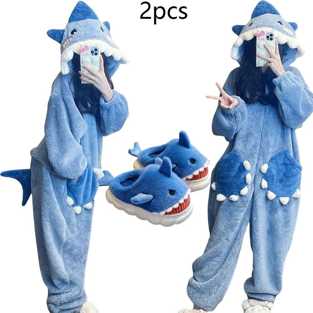 Cartoon niedlichen Hai Frauen Kapuze Nachtwäsche Kigurumi Einhorn Winter Cosplay Pyjama Overall weibliche Weihnachts feier Lounge wear