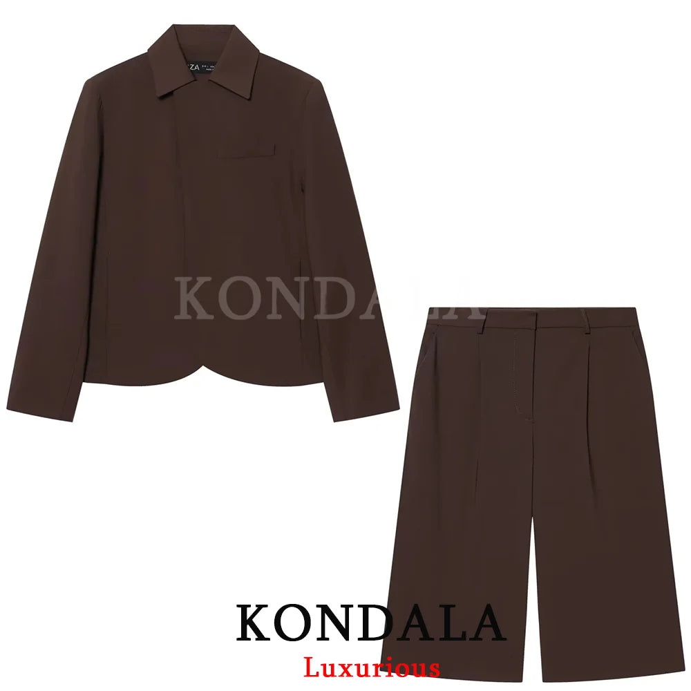 KONDALA Damen Büro-Outfit Lässiger Schicker Brauner Blazer Anzug Langarm-Blazer mit Reißverschluss Halbe Hose Modischer Frühling-Sommer-Anzug 2026