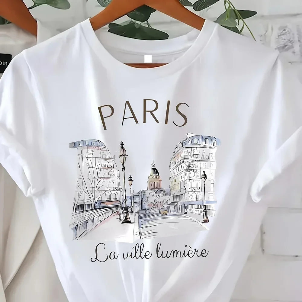 Vintage Elegantes O-Ausschnitt Kurzarm T-Shirt Paris Tower Bedrucktes Top Hochwertige, bequeme und minimalistische Damenbekleidung