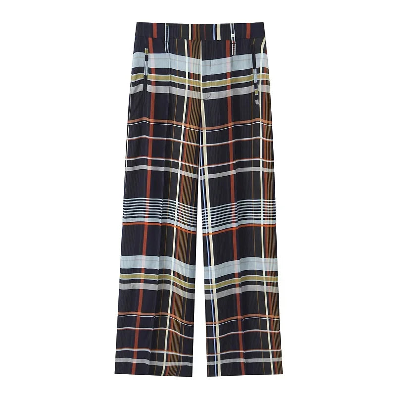HXAO Karierte Damenhose, Baggy, weite Hose für Damen, Herbst, minimalistisch, lange Freizeithose, Damen, mittlere Taille, karierte Hose