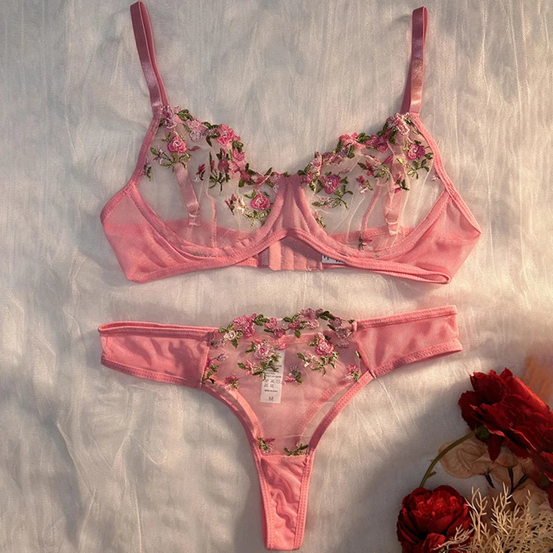 Weinrote transparente Dessous Stickerei Blümchen zweiteilige Frau Push-Up lüften Unterwäsche G-String Sexy BH Set erotisches Kostüm