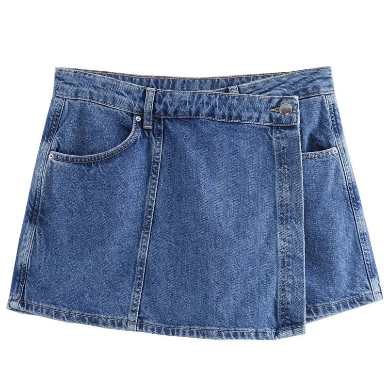 HXAO Asymmetrischer Jeansrock, kurze Sets, zweiteiliges Set für Damen, Sommer-Outfits, bauchfreies Jeanshemd, Anzug, Mini-Culottes-Set mit hoher Taille
