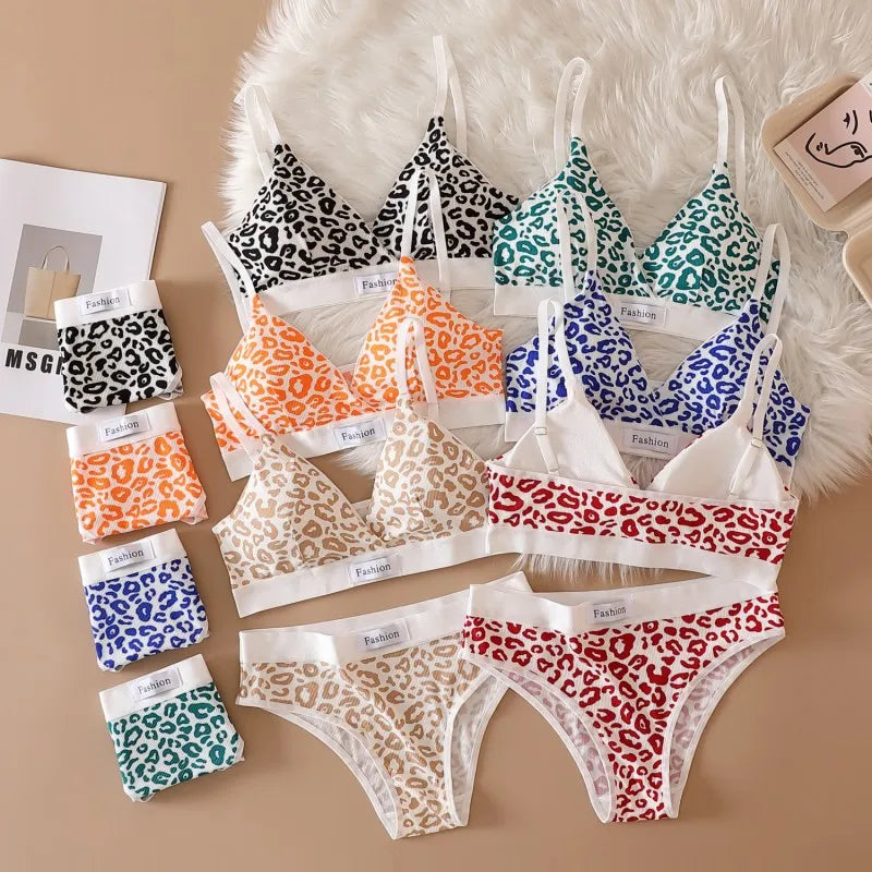 Frauen V-ausschnitt Bh Und Höschen Set Niedrige Taille Höschen Weibliche Sexy Dessous Set Leopard Print Baumwolle Bh Sport Unterwäsche Set