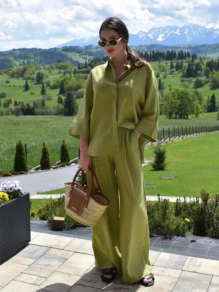 HH Frauen Mode Bluse Hosenanzug Einreiher Langarm Revers Shirts Elastische Taille Hose Solide High Street Outfit