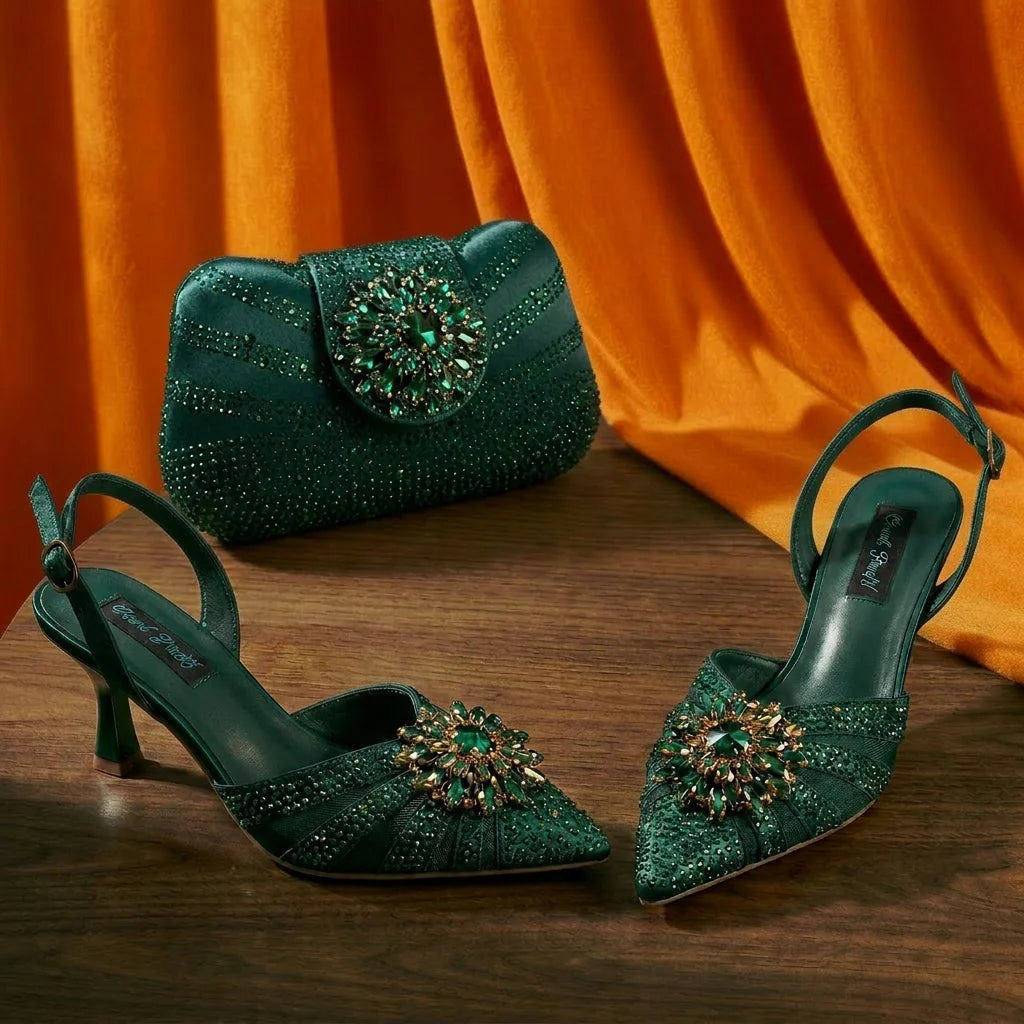 2026 Elegante grüne Strass-Slingback-Absätze für Damen & passendes Handtaschen-Set – Komfort inklusive – Stylische Schuhe mit spitzer Zehenpartie