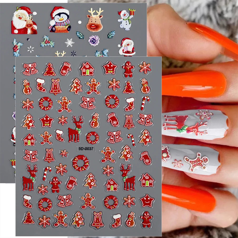 1 Stück 5D Red Gingerbread Man Schneeflocken Weihnachten Nagelaufkleber Niedlicher Schneemann Weihnachtsmann Winter Nagelaufkleber Maniküre Dekorationen