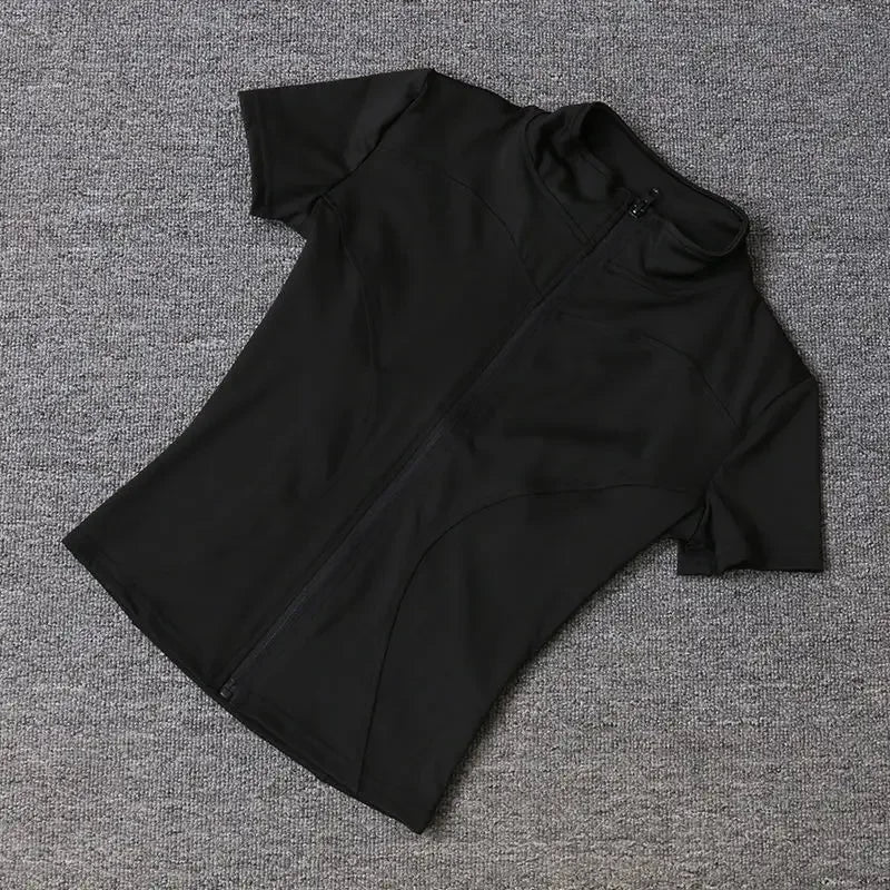 Sommer Hohe Qualität Taille Abnehmen Training Tops frauen Schnell trocknend Engen Stehkragen Voll Zipper Kurzen Ärmeln Yoga shirts