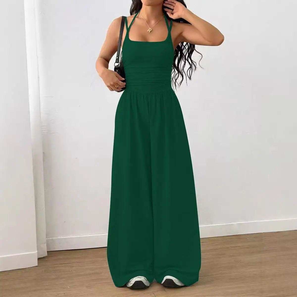 Damen Sommer Schwarz Lässiger Plissierter Lockerer Gerader Jumpsuit Ärmellos Hohe Taille Rückenfreier Overall Einfacher Trägeroverall