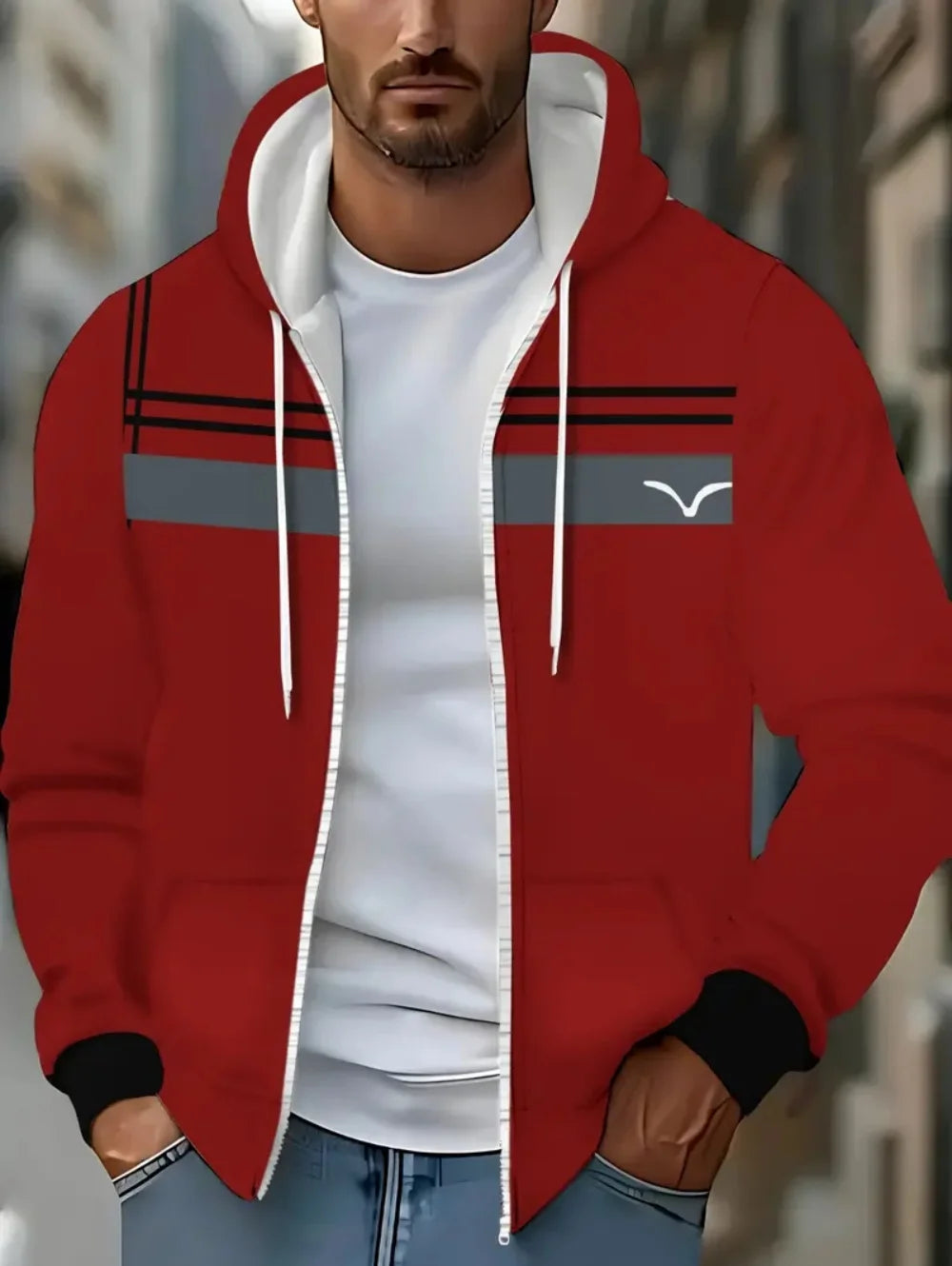 Lässiges, gestreiftes Herren-Sweatshirt mit Kapuze und durchgehendem Reißverschluss, Outdoor-Kleidung, glatte Kapuzentaschen mit Kordelzug, einfache gestreifte Sportbekleidung für Herren
