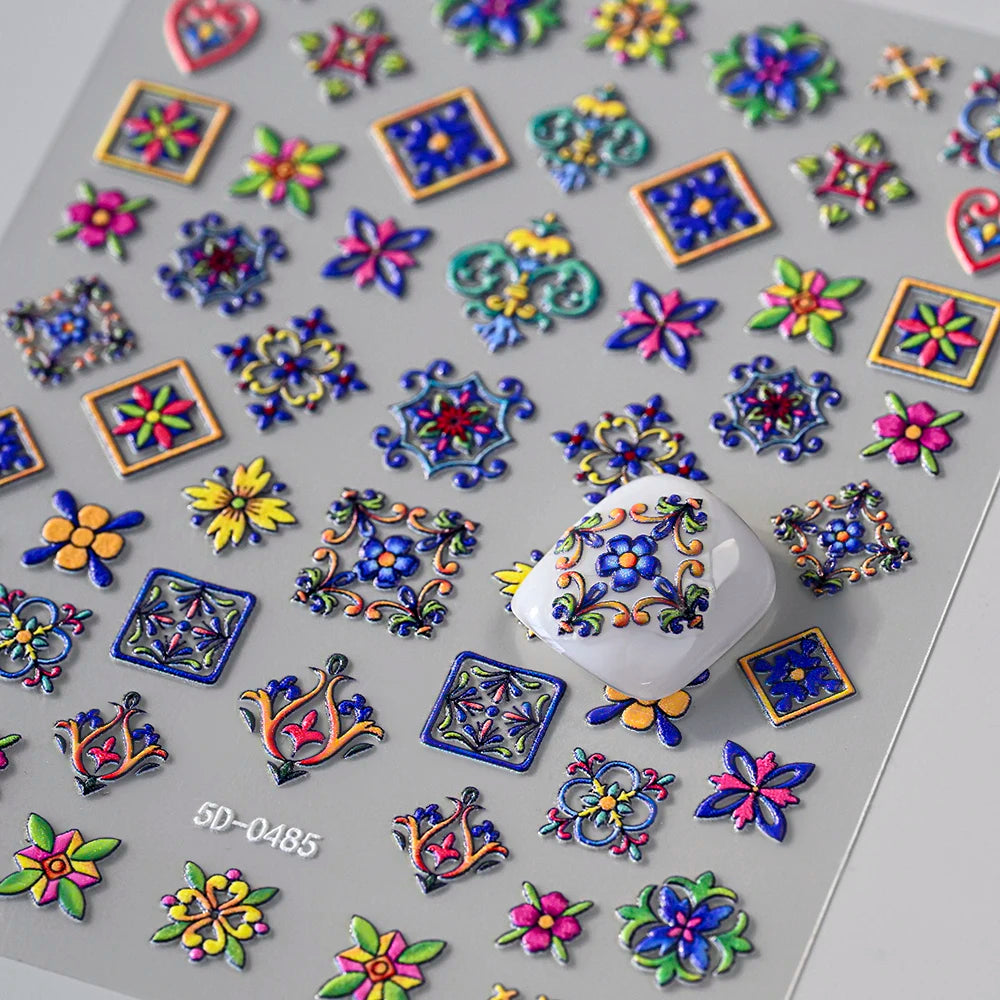 1 Stück Bohemian Painted Stickerei Nagelaufkleber 5D Retro Ethno Einzigartiges Muster Selbstklebender Blumenaufkleber Mexikanischer Nail Art Aufkleber