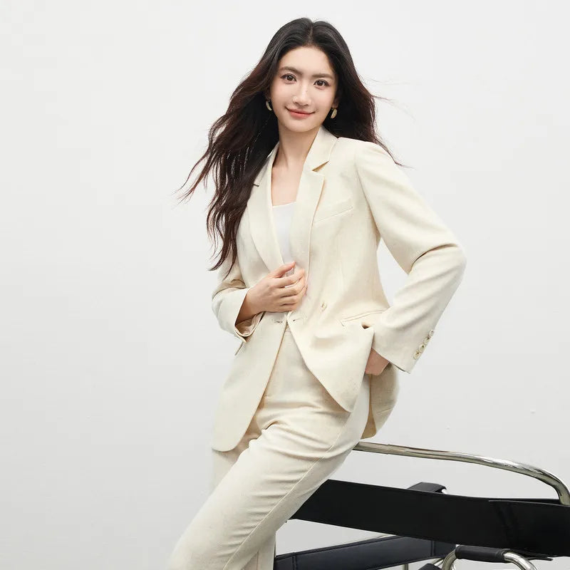 SENTUBILA Leinenmischung Damen-Blazer-Anzug-Set mit Reverskragen und Schlaghose 2026 Büro-Outfits Damenkleidung 161ZA4991