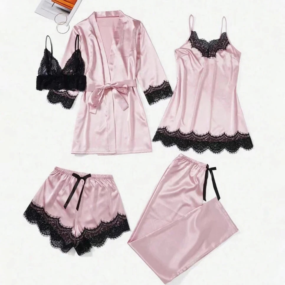 5-teiliges Damen-Nachtwäsche-Pyjama-Set aus Satin, Robe, sexy Dessous, Bademantel, Spitze, Seide, Nachtkleid, Hose, Heimkleidung, Nachtwäsche, PJ