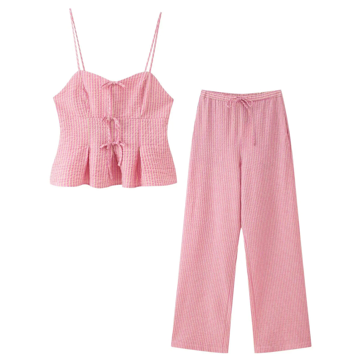 KONDALA Süßes rosa gestreiftes Neckholder-Set für Damen, schmales Hosenträger-Top oder Kordelzug-Hose, 2025, Sommermode, Urlaub, Damen-Hosen-Set