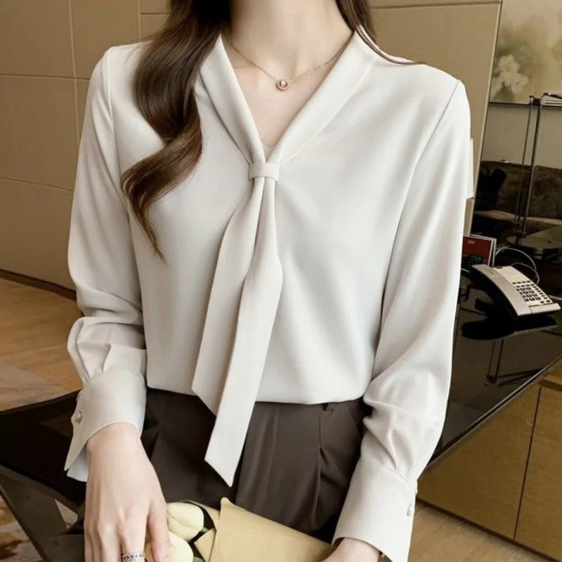 Frauen Frühling Sommer Stil Blusen Shirts Dame Casual Langarm Fliege Kragen Weiße Farbe Blusen Shirts DF4989