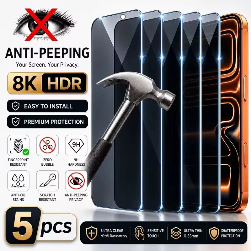 1-5 Stück Sichtschutz-Panzerglas für iPhone 18 17 Air 16 15 14 13 11 12 Pro Max Mini 7 8 Plus X XR XS SE Anti-Spy Displayschutzfolie