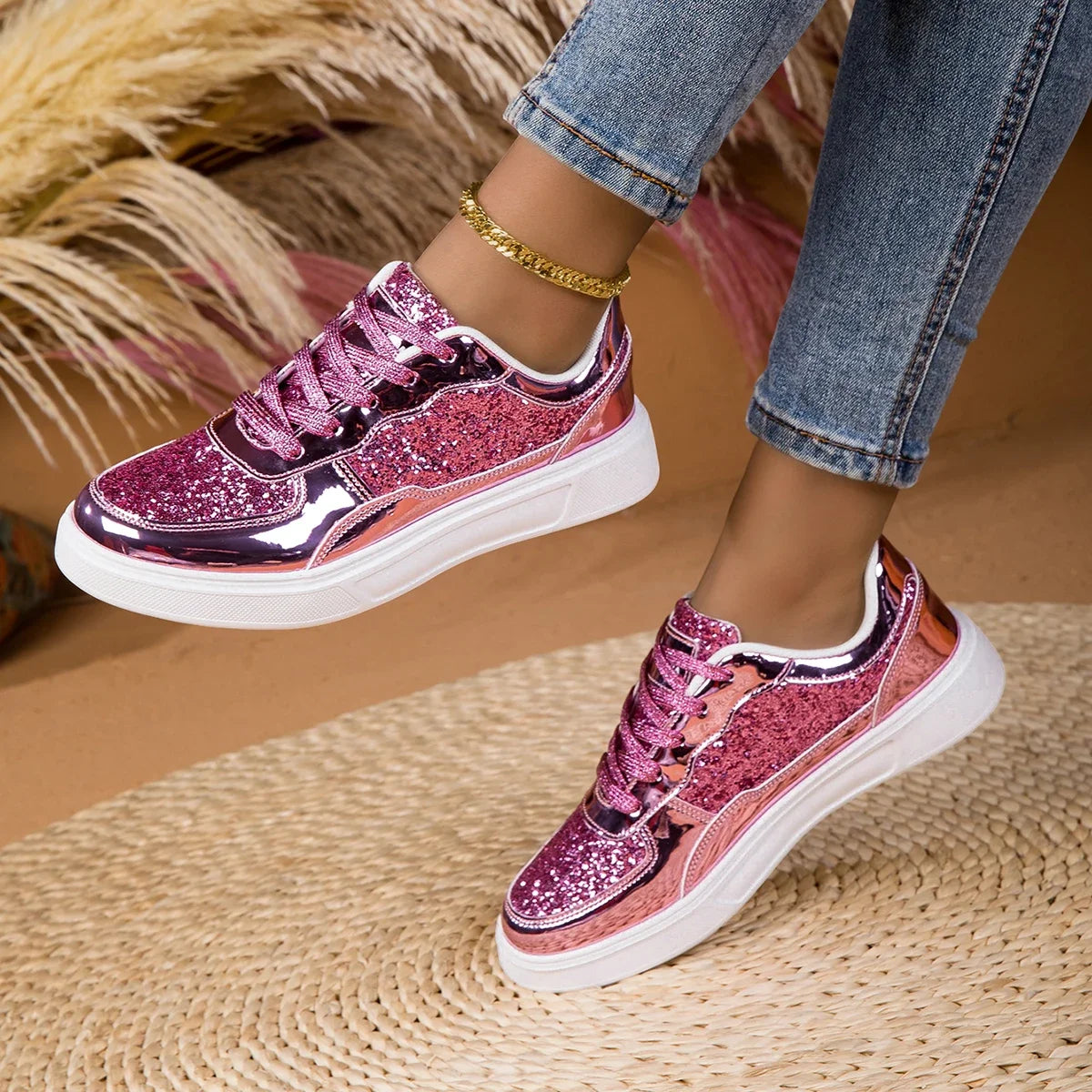 DJSUNNYMIX Modische Sneakers für Damen Trendige Plateau-Schnürschuhe mit Strass Lässige Designer-Schuhe Glänzende Damenschuhe