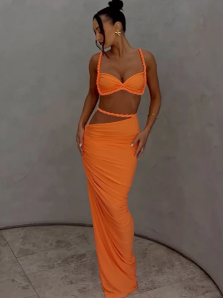 Weird Puss Bandage gerafftes 2-teiliges Set Damen-BH mit quadratischem Kragen + dünne lange Röcke 2025, Sommerurlaub, Strandparty, Trendanzüge