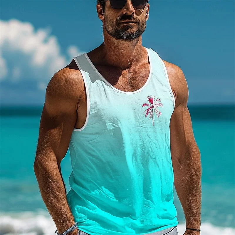 Coconut Tree Logo Lustiges Tank Top Herrenbekleidung Sport Lässig Lose Atmungsaktiv Ärmelloses T-Shirt Farbverlauf 3D-Druck Herren Weste Top