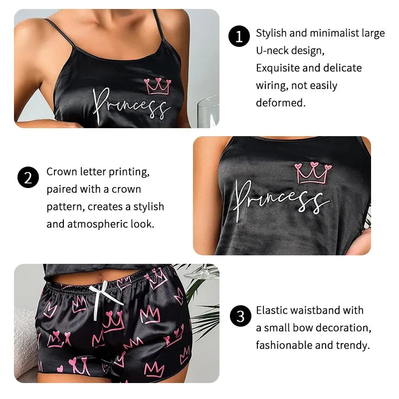 Pyjamas Damen Sexy Dessous Satin Nachtwäsche Seide Cami Shorts Set Weiche Schlaf Pjs 2-teilige Nachtwäsche Print Pyjamas Mujer Homewear