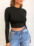 Solide Grund Langarm Damen T-shirt Casual Schwarz Weiß Mode Crop Top T Shirt Damen Mode Koreanische T-shirt
