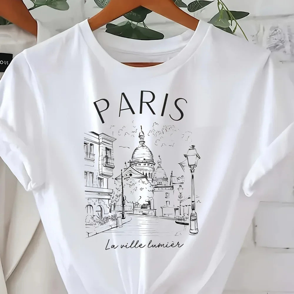 Vintage Elegantes O-Ausschnitt Kurzarm T-Shirt Paris Tower Bedrucktes Top Hochwertige, bequeme und minimalistische Damenbekleidung