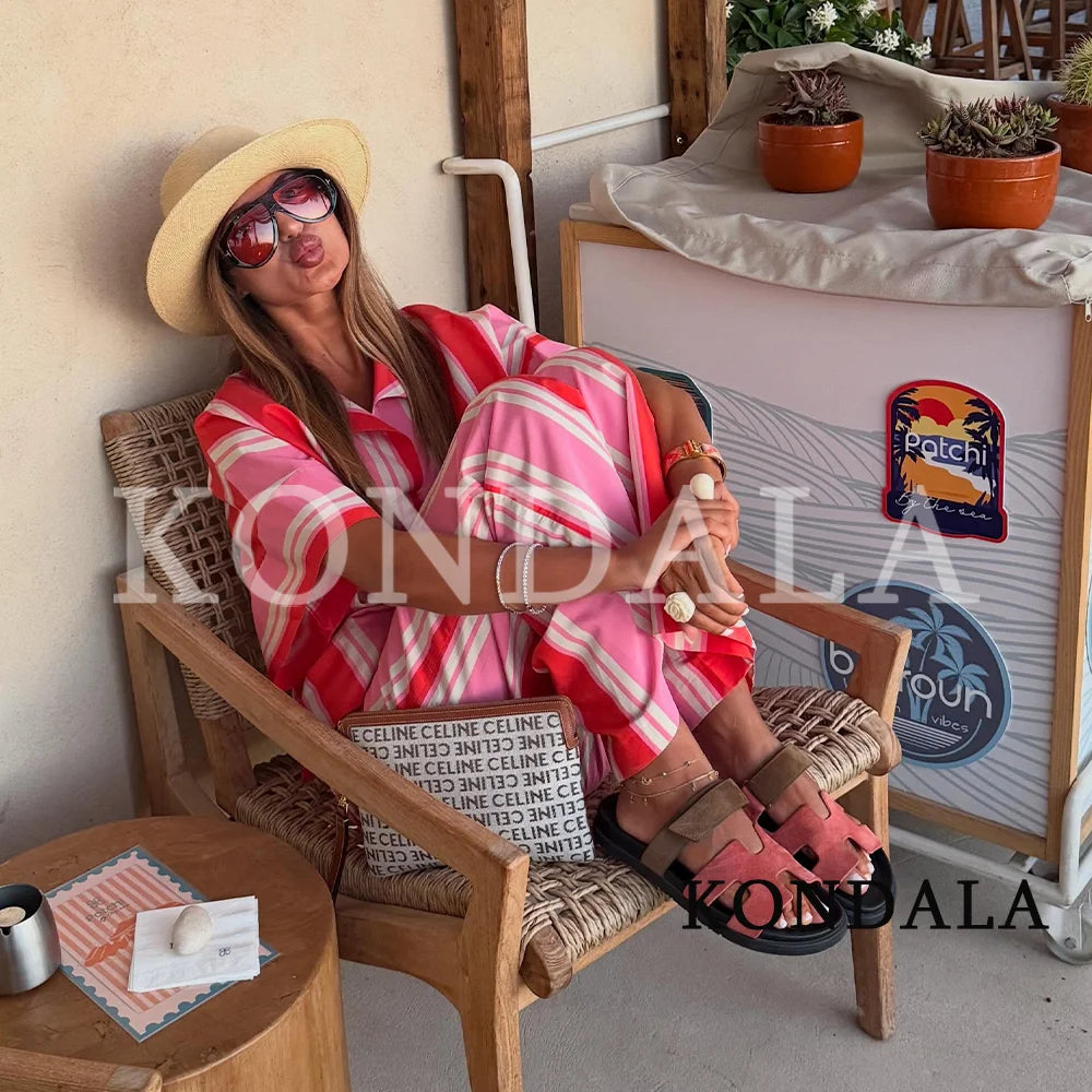 KONDALA Damen Casual Urlaubs-Set mit Gestreiftem Kurzarm-Oberteil und Eleganter Langer Hose 2026 Sommer Schickes V-Ausschnitt-Top, Hose mit Elastischem Bund