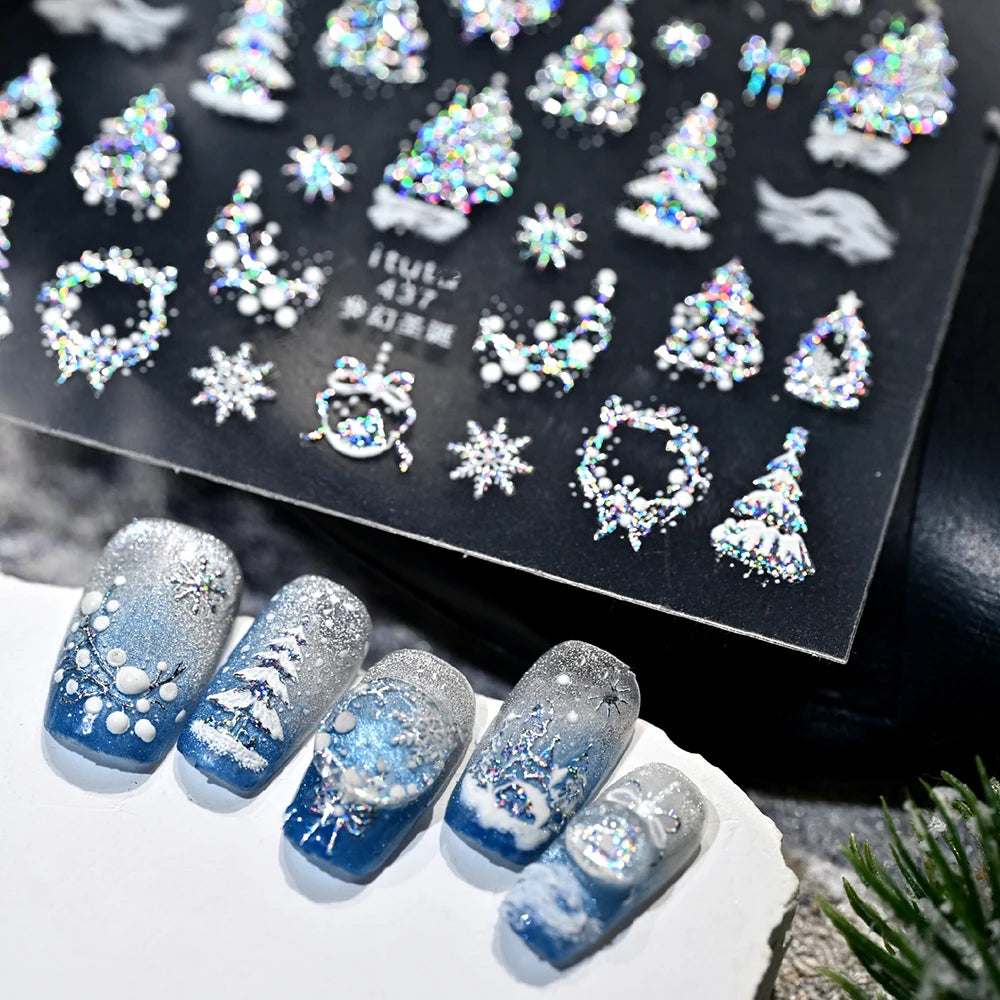 1 Stück 5D Dazzling Christmas Nail Art Aufkleber Gold/Rosa/Blau/Lila Weihnachtsbaum Schneekranz Nagelaufkleber Charmante Weihnachten Nageldeko