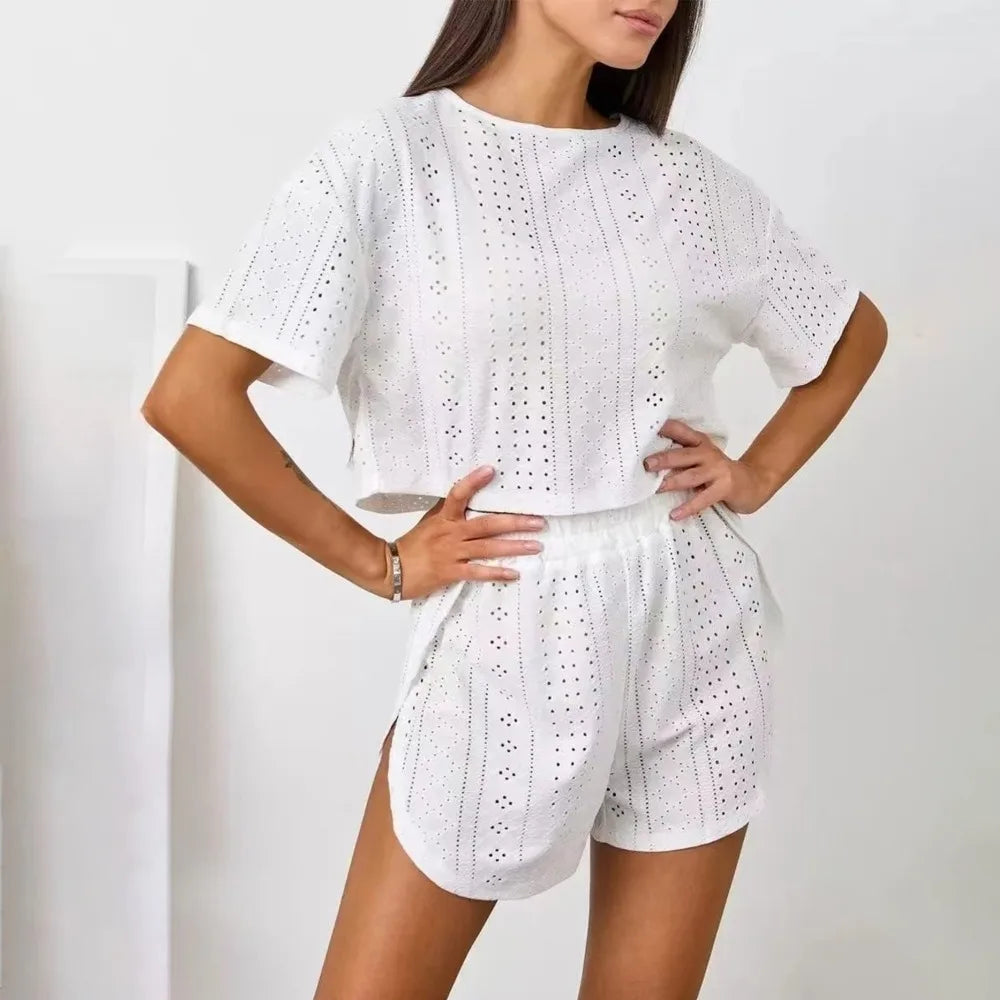 Neues Polyester-Pyjama-Set für Damen, atmungsaktives Loungewear-Set mit Lochmuster, bequemes Kurzarm-Oberteil und Shorts, lässig für den Freizeitgebrauch