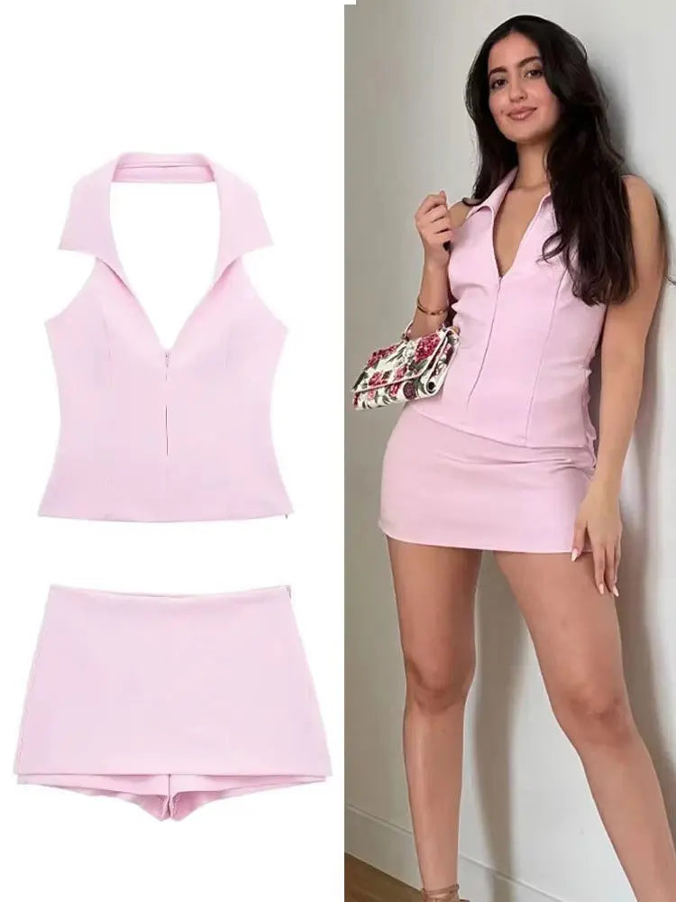 HH Damen-Set, lässige Röcke, Shorts, schickes Neckholder-Hemd, rückenfreies Top und Shorts, süßes rosa Sommer-Sexy-Shorts-Sets
