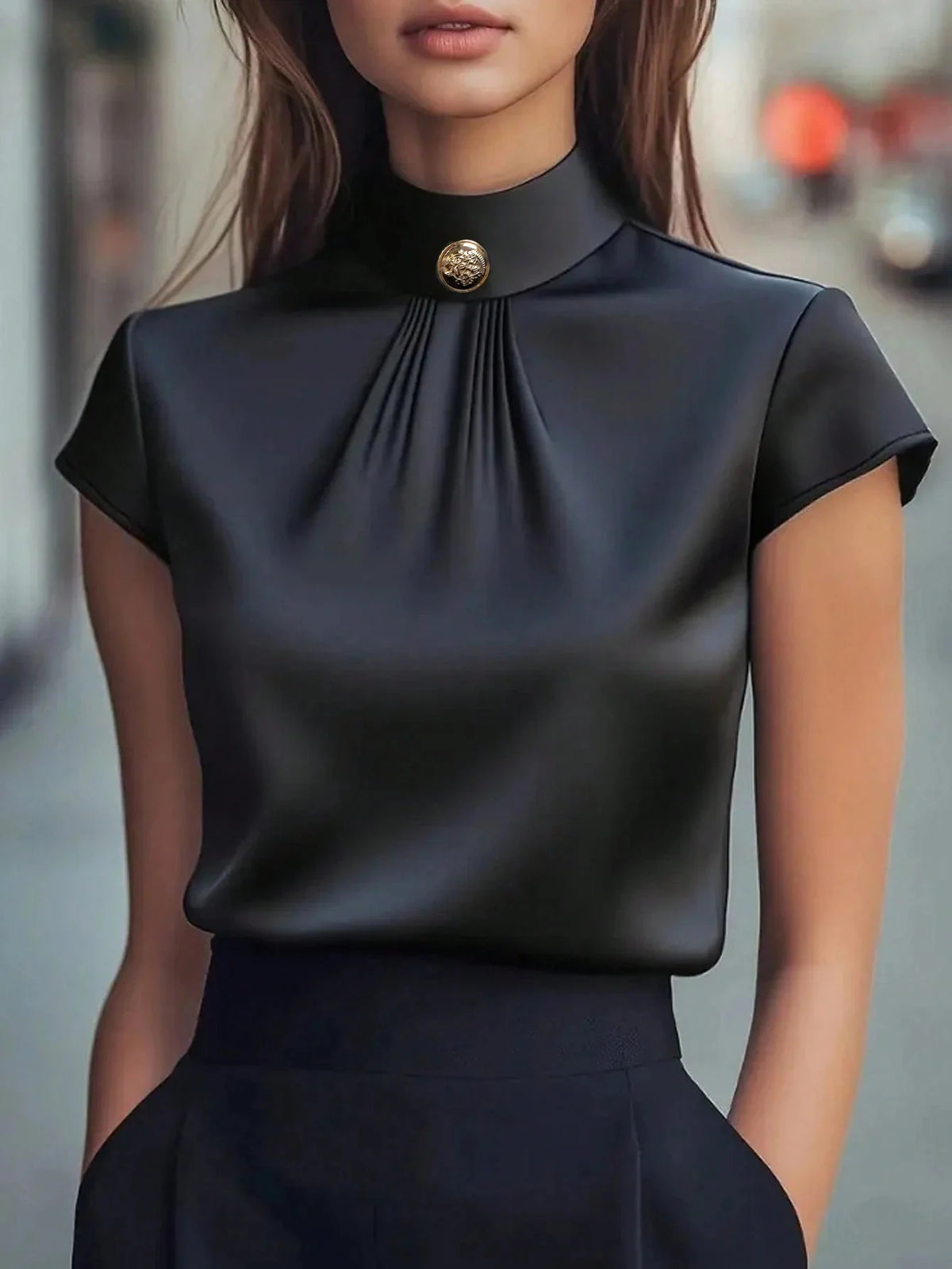 Damen Satin-Bluse mit Hohem Kragen, Kurzen Ärmeln, Plissiertem Knopfverschluss, Figurbetontes Elegantes Damenhemd für Frühling und Sommer, Büro-Oberteil
