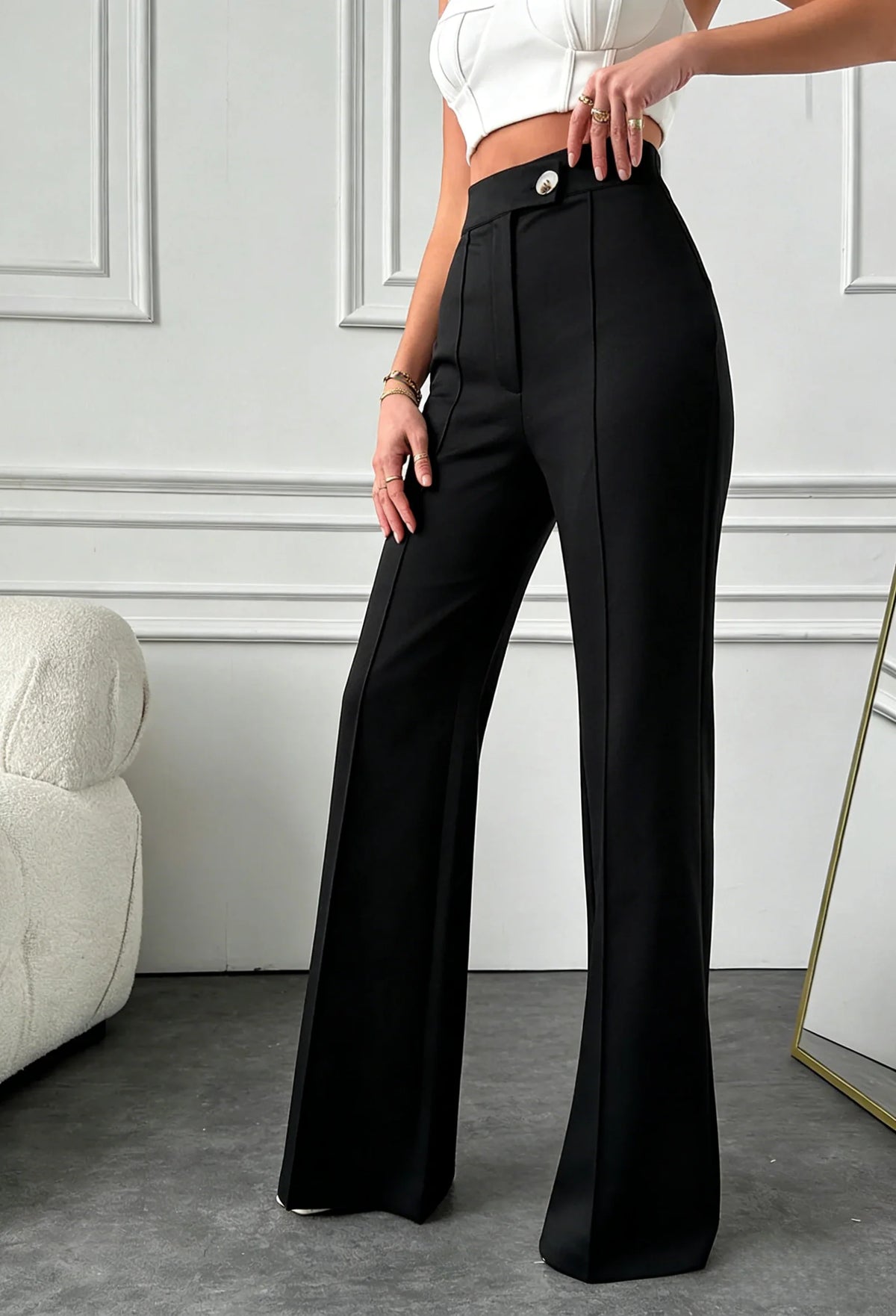Damen Schwarze Gerade Hose mit Hoher Taille, Vorderer Knopfverschluss, Frühling Sommer Büro Casual Pendler Mode Hosen
